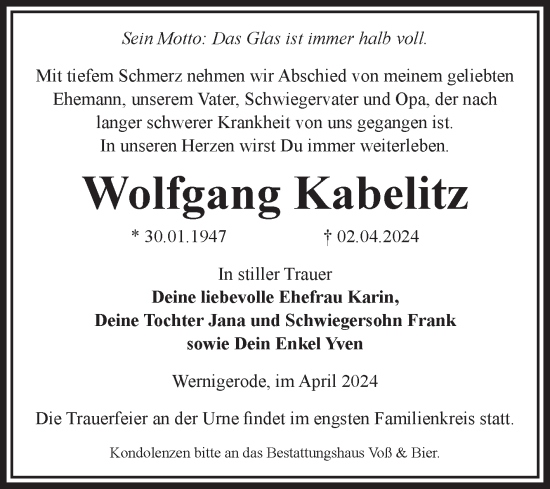Traueranzeige von Wolfgang Kabelitz von Volksstimme Wernigerode