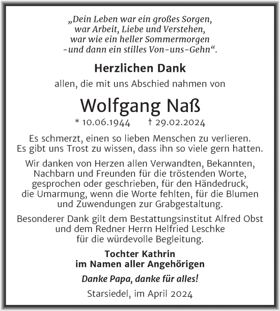 Traueranzeige von Wolfgang Naß von Trauerkombi Weißenfels