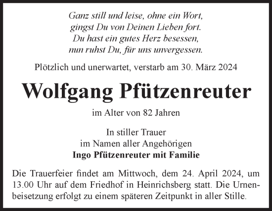 Traueranzeige von Wolfgang Pfützenreuter von Volksstimme Haldensleben/Wolmirstedt