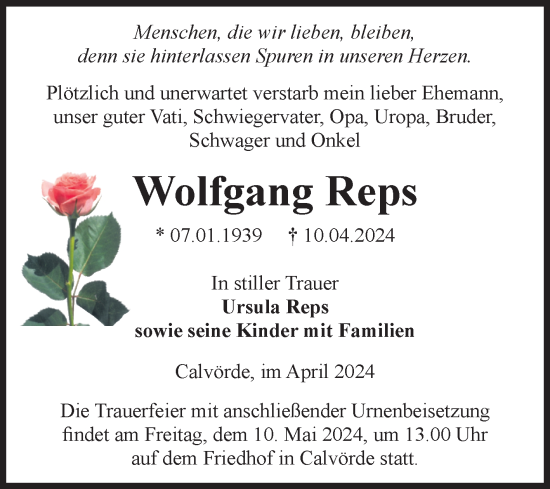 Traueranzeige von Wolfgang Reps von Volksstimme Haldensleben/Wolmirstedt