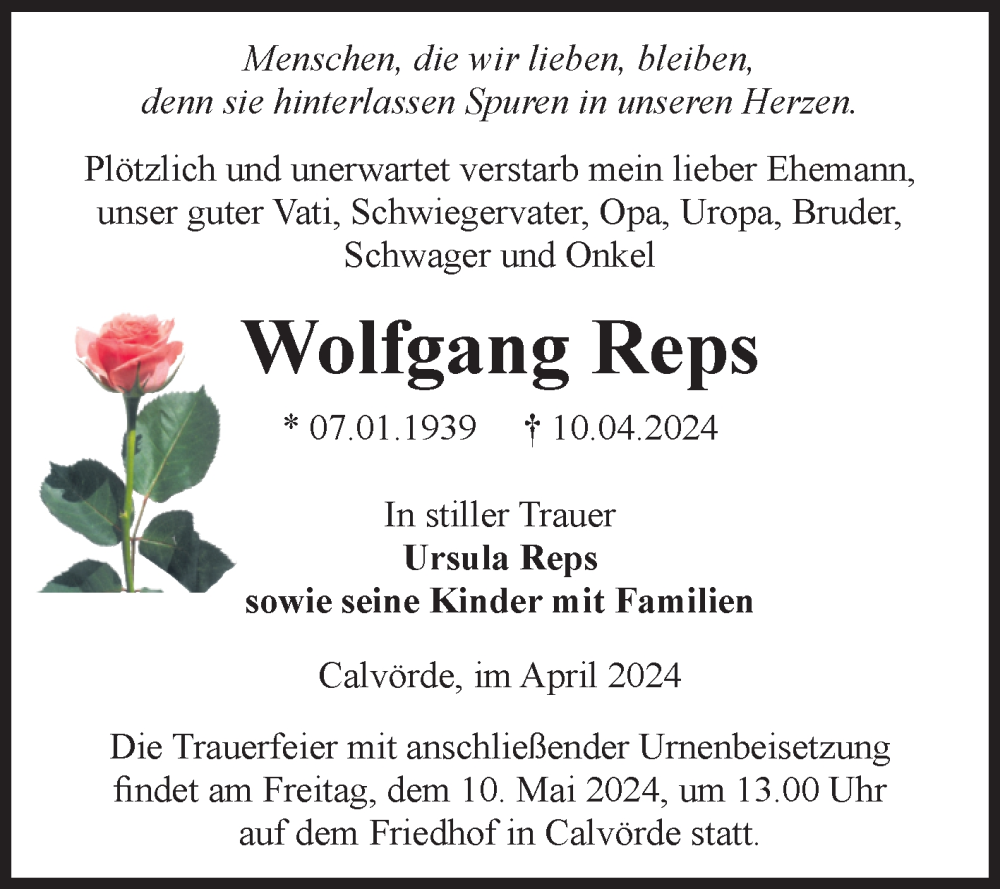  Traueranzeige für Wolfgang Reps vom 20.04.2024 aus Volksstimme Haldensleben/Wolmirstedt