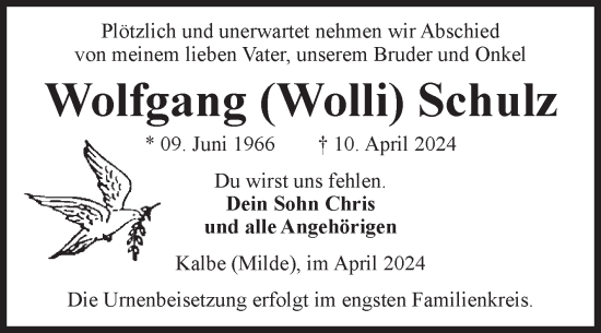 Traueranzeige von Wolfgang Schulz von Volksstimme Altmark West