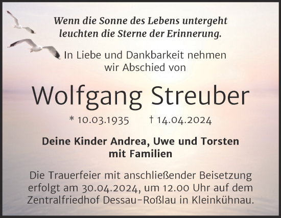 Traueranzeige von Wolfgang Streuber von Trauerkombi Dessau