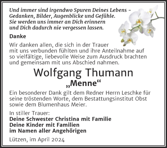 Traueranzeige von Wolfgang Thumann von Trauerkombi Weißenfels