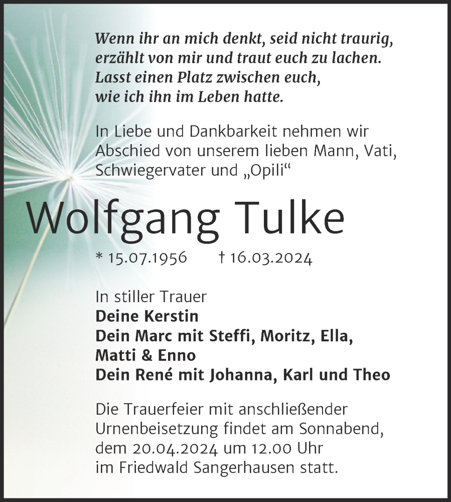  Traueranzeige für Wolfgang Tulke vom 08.04.2024 aus Trauerkombi Sangerhausen