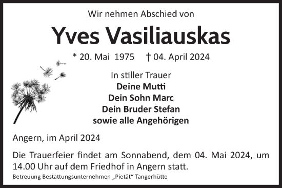 Traueranzeige von Yves Vasiliauskas von Volksstimme Haldensleben/Wolmirstedt