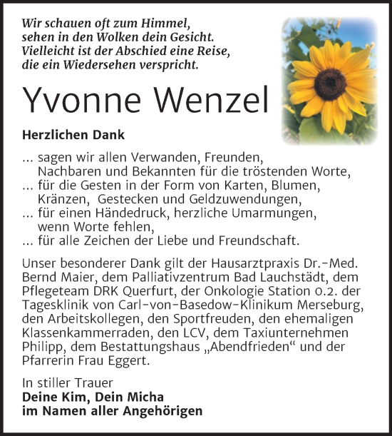 Traueranzeige von Yvonne Wenzel von Trauerkombi Merseburg