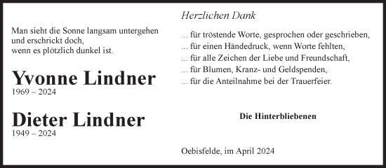 Traueranzeige von Yvonne und Dieter Lindner von Volksstimme Altmark West