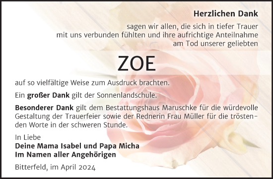 Traueranzeige von Zoe  von Trauerkombi Bitterfeld