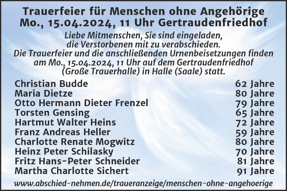  Traueranzeige für Menschen ohne Angehörige  vom 13.04.2024 aus Mitteldeutsche Zeitung Halle