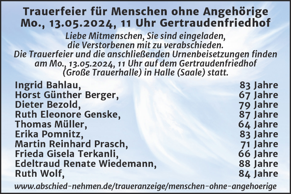  Traueranzeige für Menschen ohne Angehörige  vom 11.05.2024 aus Mitteldeutsche Zeitung Halle