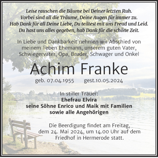 Traueranzeige von Achim Franke von Mitteldeutsche Zeitung Mansfelder Land