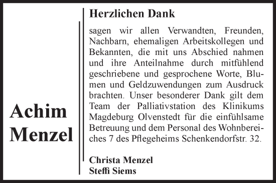 Traueranzeige von Achim Menzel von Volksstimme Magdeburg