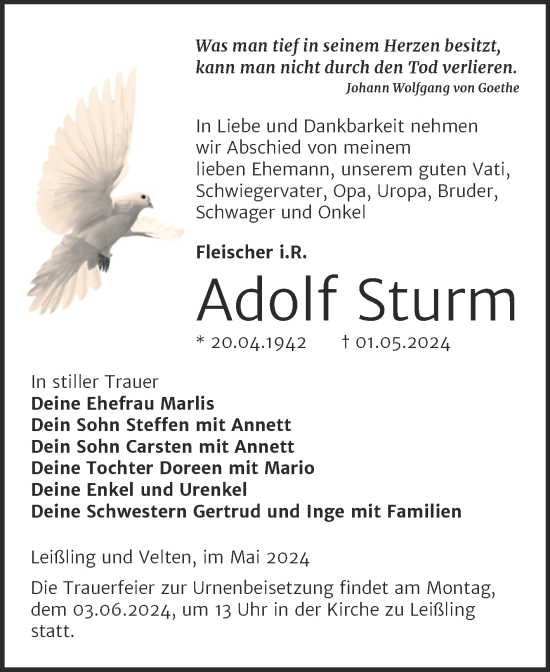 Traueranzeige von Adolf Sturm von Trauerkombi Weißenfels
