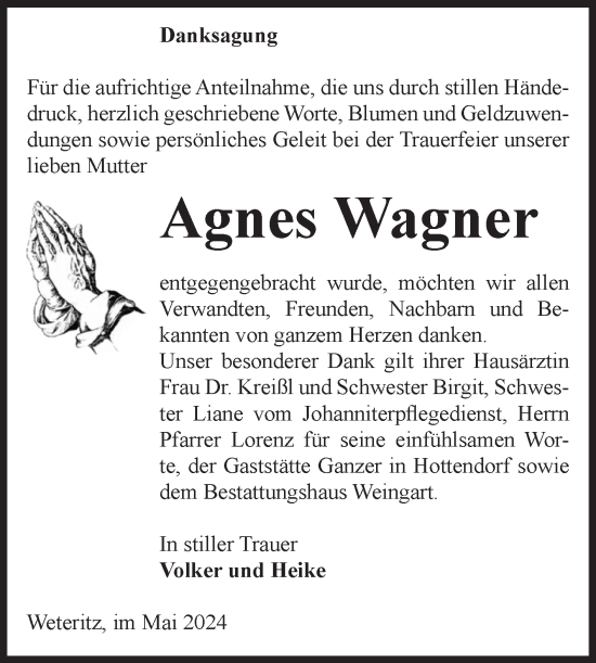 Traueranzeige von Agnes Wagner von Volksstimme Altmark Ost