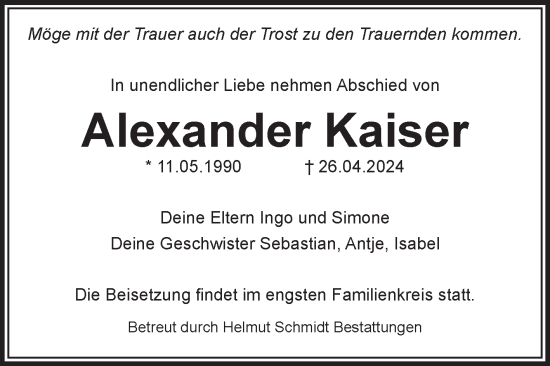 Traueranzeige von Alexander Kaiser von Volksstimme Magdeburg