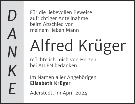 Traueranzeige von Alfred Krüger von Trauerkombi Bernburg