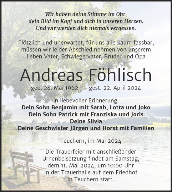 Traueranzeige von Andreas Föhlisch von Trauerkombi Weißenfels