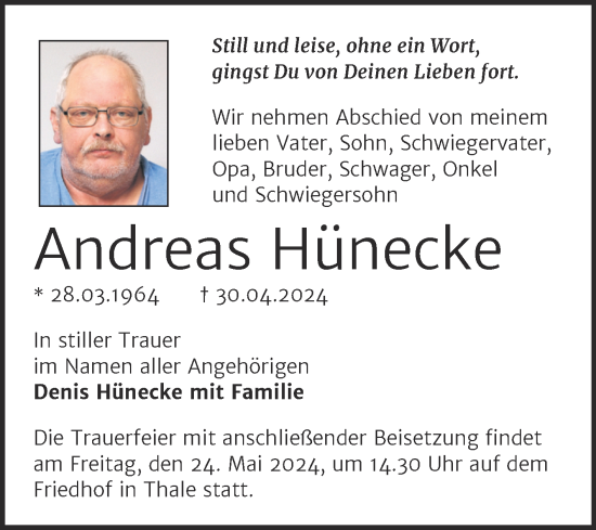 Traueranzeige von Andreas Hünecke von Trauerkombi Quedlinburg