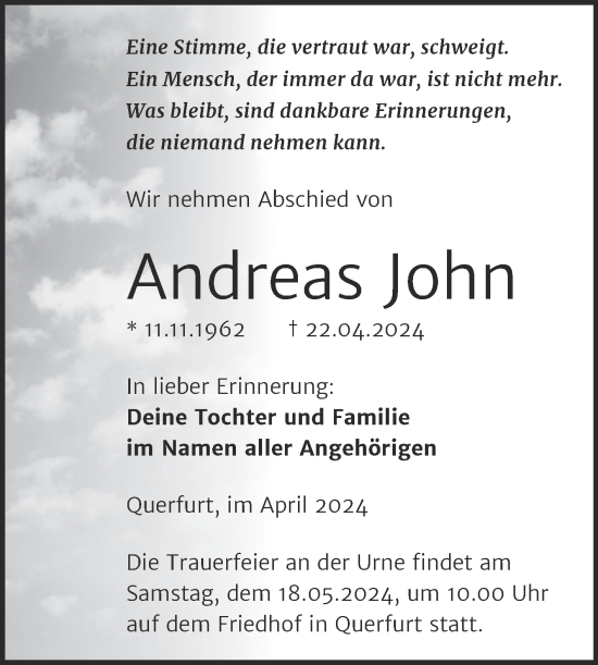 Traueranzeige von Andreas John von Super Sonntag Merseburg/Querfurt