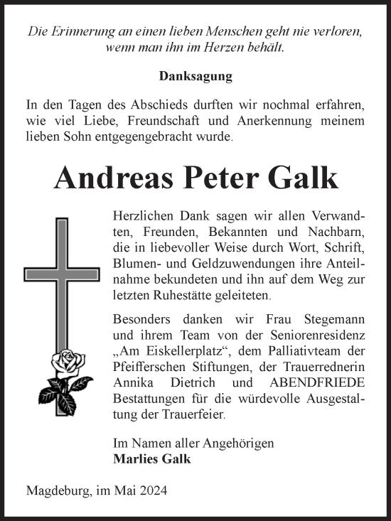 Traueranzeige von Andreas Peter Galk von Volksstimme Magdeburg
