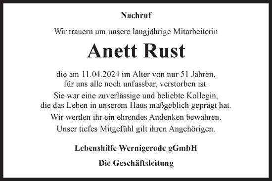 Traueranzeige von Anett Rust von Volksstimme Wernigerode