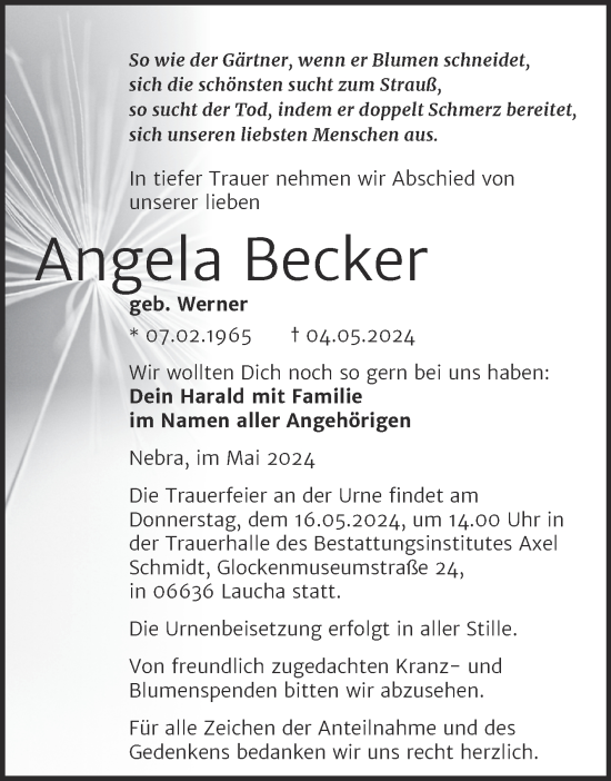 Traueranzeige von Angela Becker von Super Sonntag Naumburg/Nebra