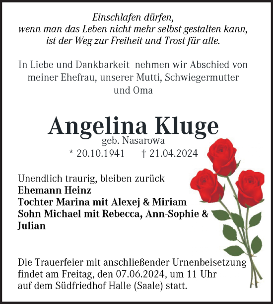 Traueranzeige von Angelika Kluge von Mitteldeutsche Zeitung Halle/Saalkreis