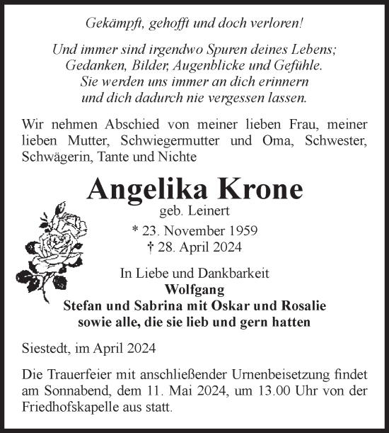 Traueranzeige von Angelika Krone von Volksstimme Haldensleben/Wolmirstedt