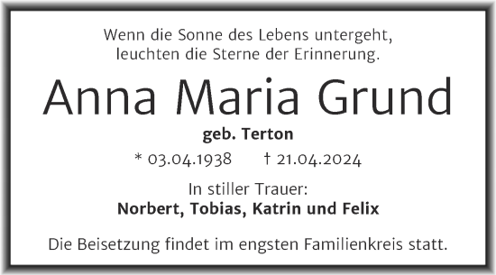 Traueranzeige von Anna Maria Grund von Trauerkombi Bitterfeld