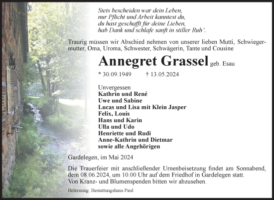 Traueranzeige von Annegret Grassel von Volksstimme Altmark West