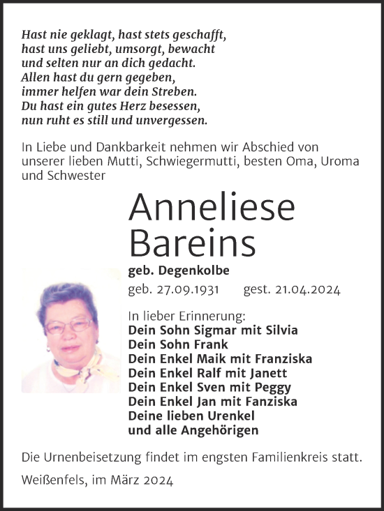 Traueranzeige von Anneliese Bariens von Mitteldeutsche Zeitung Weißenfels