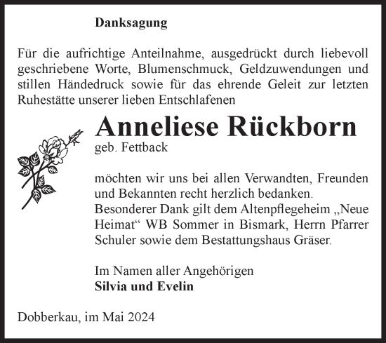 Traueranzeige von Anneliese Rückborn von Volksstimme Altmark Ost