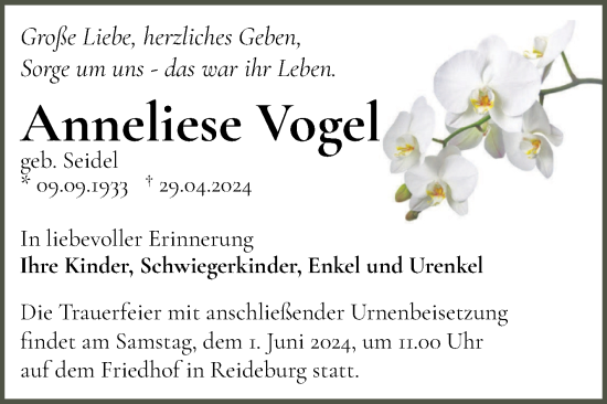 Traueranzeige von Anneliese Vogel von Mitteldeutsche Zeitung Halle/Saalkreis