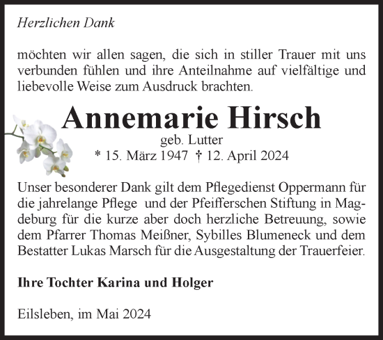 Traueranzeige von Annemarie Hirsch von Volksstimme Oschersleben/Wanzleben
