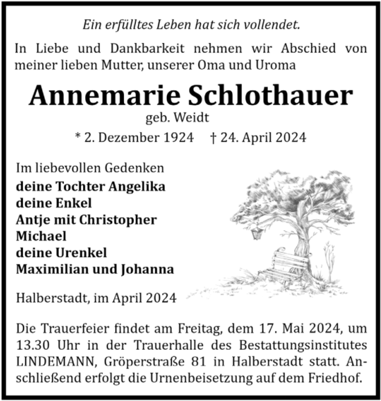 Traueranzeige von Annemarie Schlothauer von Volksstimme Halberstadt