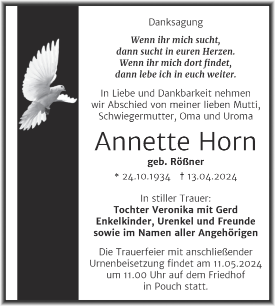 Traueranzeige von Annette Horn von Trauerkombi Bitterfeld