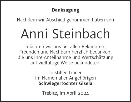 Traueranzeige von Anni Steinbach von Trauerkombi Bernburg