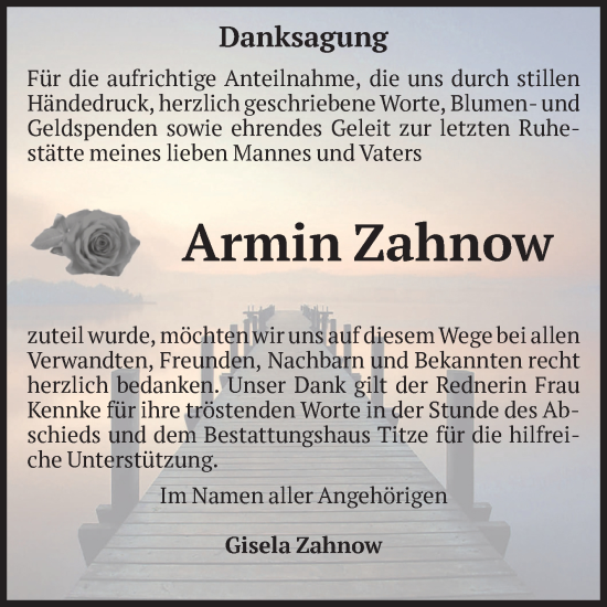 Traueranzeige von Armin Zahnow von Volksstimme Burg/Genthin