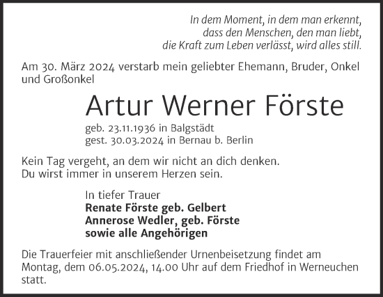 Traueranzeige von Artur Werner Förste von Naumburger Tageblatt