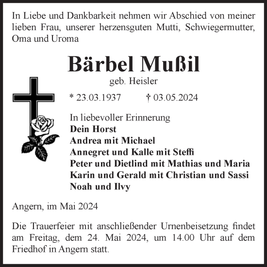 Traueranzeige von Bärbel Mußil von Volksstimme Haldensleben/Wolmirstedt
