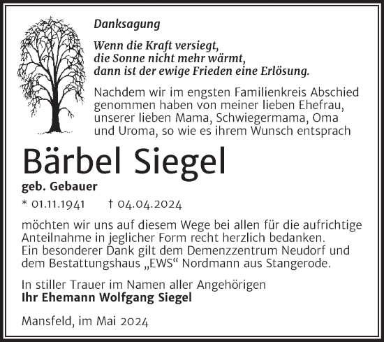 Traueranzeige von Bärbel Siegel von Trauerkombi Mansfelder Land