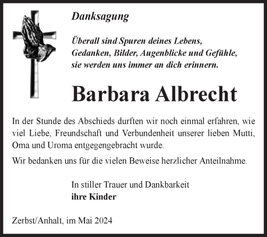 Traueranzeige von Barbara Albrecht von Volksstimme Zerbst