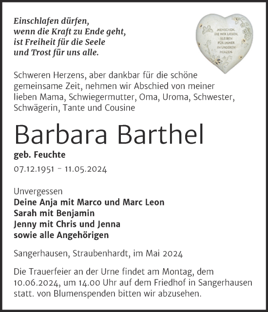Traueranzeige von Barbara Barthel von Trauerkombi Sangerhausen