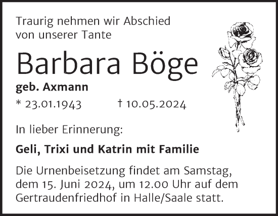 Traueranzeige von Barbara Böge von Mitteldeutsche Zeitung Halle/Saalkreis
