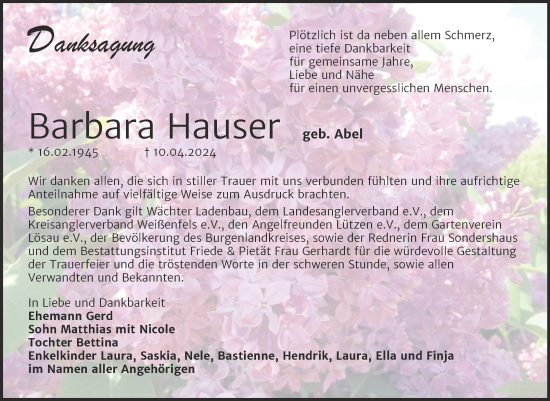 Traueranzeige von Barbara Hauser von Trauerkombi Weißenfels