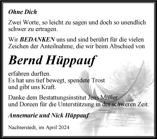 Traueranzeige von Bernd Hüppauf von Trauerkombi Aschersleben
