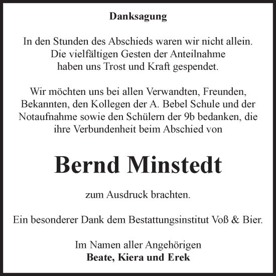 Traueranzeige von Bernd Minstedt von Volksstimme Wernigerode