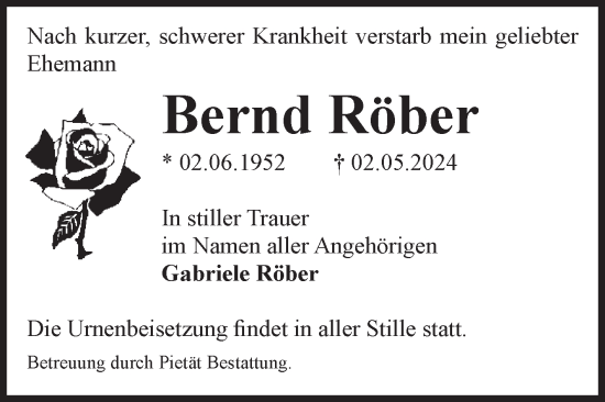 Traueranzeige von Bernd Röber von Volksstimme Oschersleben/Wanzleben