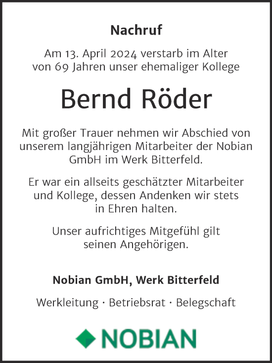 Traueranzeige von Bernd Röder von SuperSonntag Bitterfeld